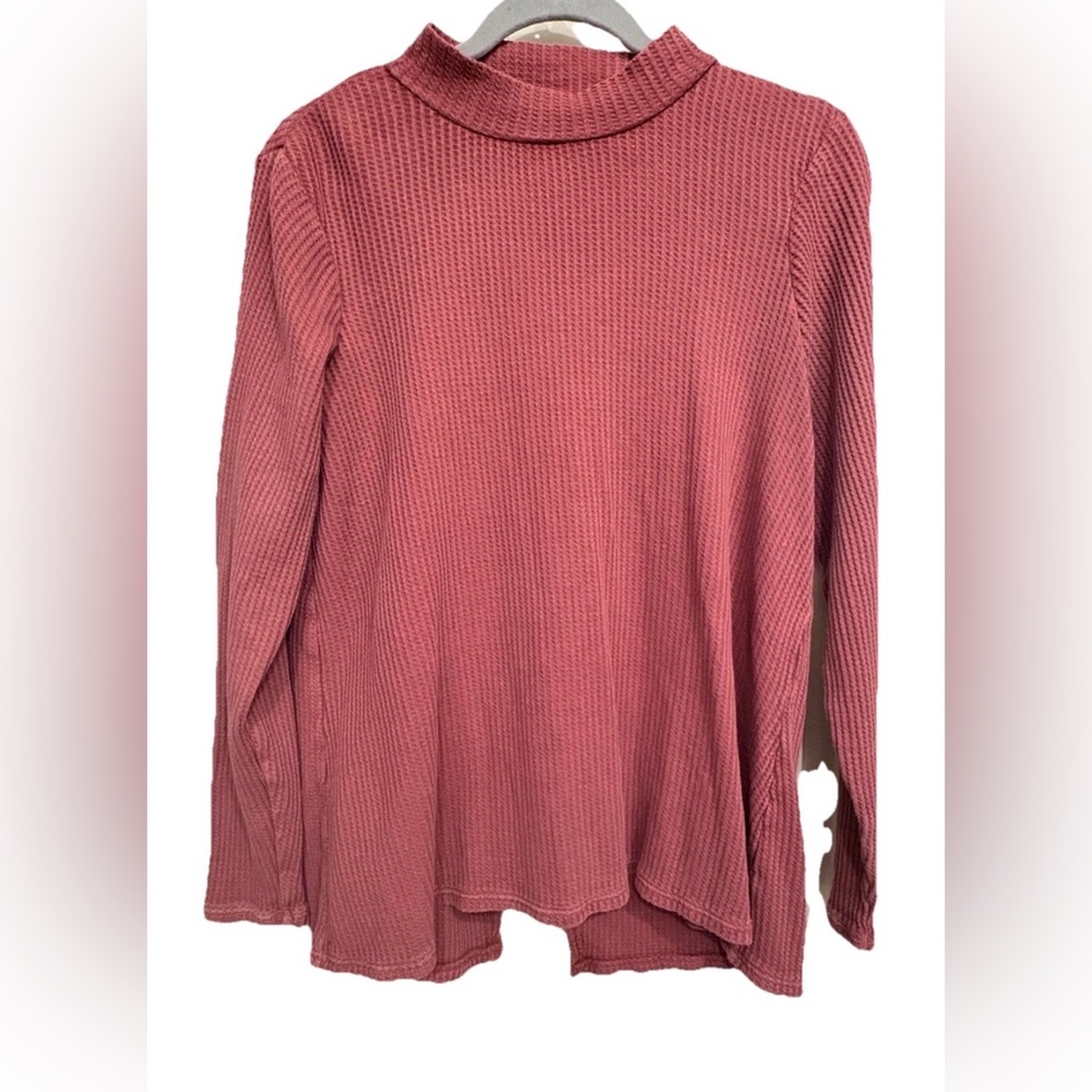 Wonderly Pink Mauve Waffle Knit 100% Cotton Long Sleeve Open Back Top Size Large